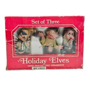 💥231 Emson Vintage Set of 3 Christmas Elf Dwarf Christmas Tree Ornaments